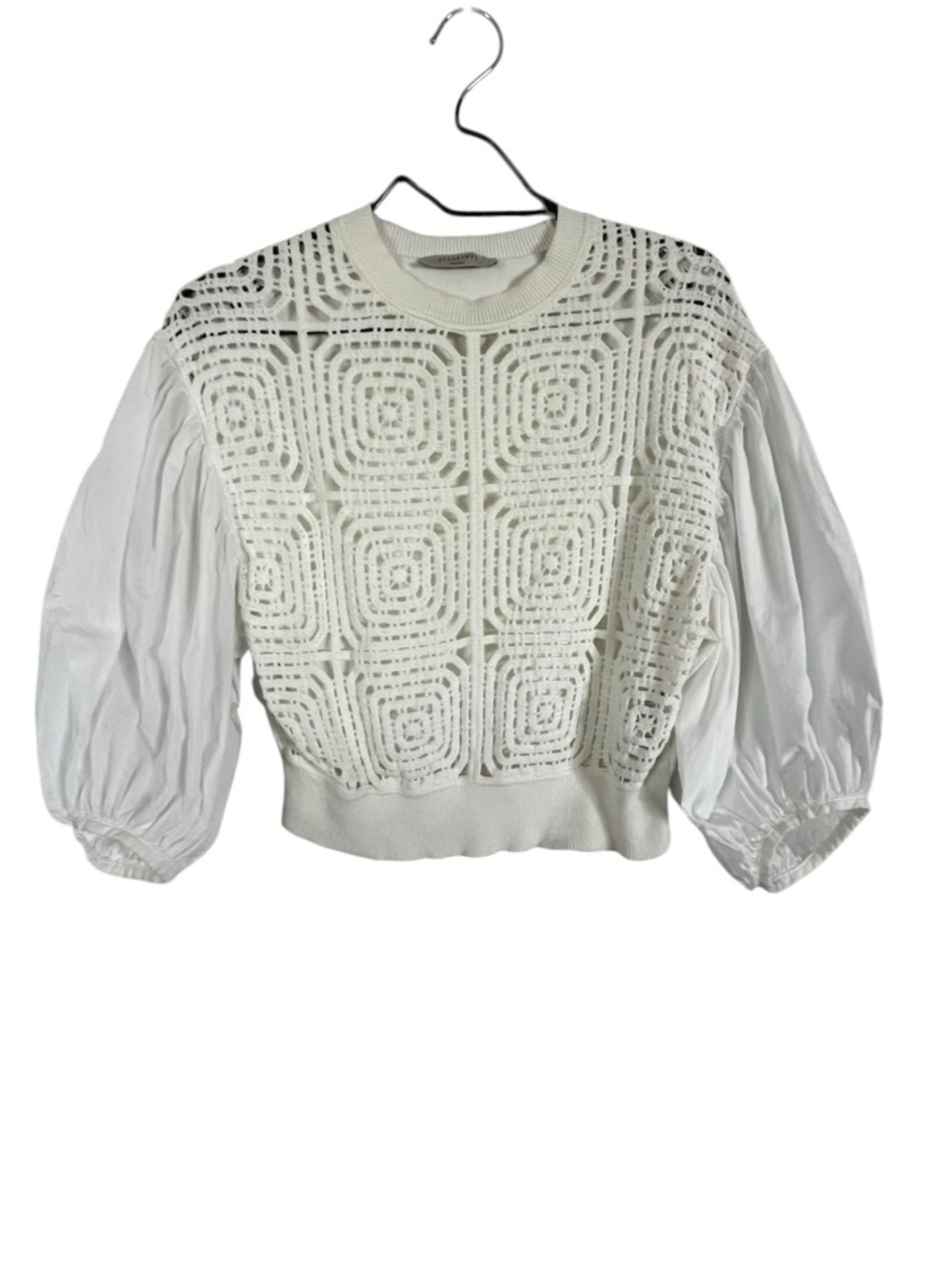 All Saints White Crochet Knit Puff Sleeve Top